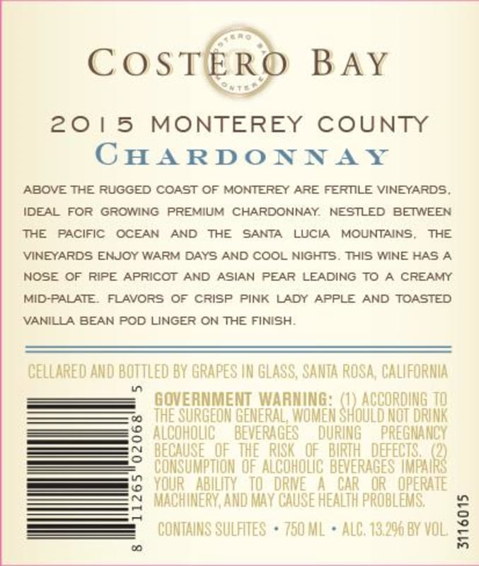 Costero Bay Chardonnay 2015 Front Bottle Shot