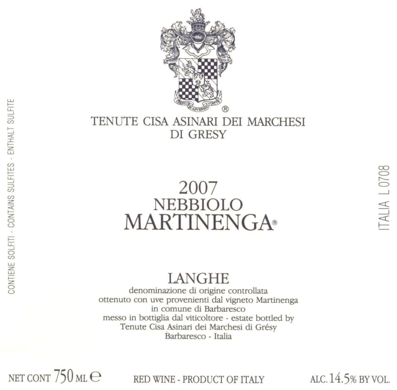 Marchesi di Gresy Martinenga Nebbiolo 2007 Front Label