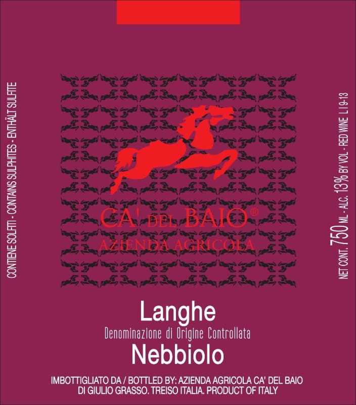 Ca' del Baio Langhe Nebbiolo 2016 Front Label