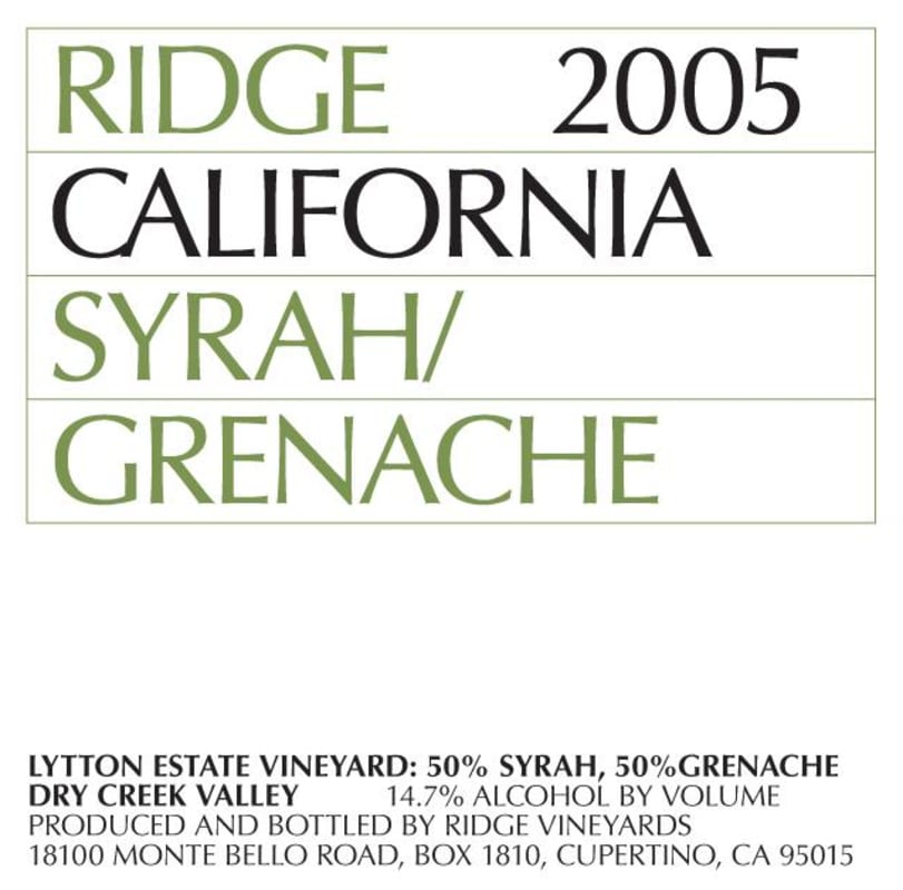 Ridge Lytton Estate Vineyard Grenache/Syrah 2005 Front Label