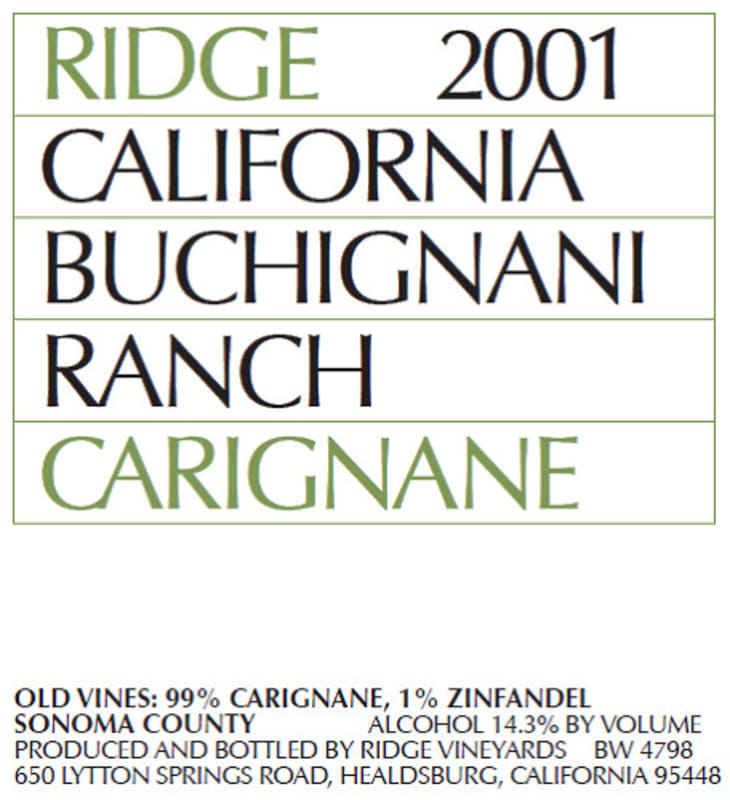 Ridge Buchignani Ranch Carignane 2001 Front Label