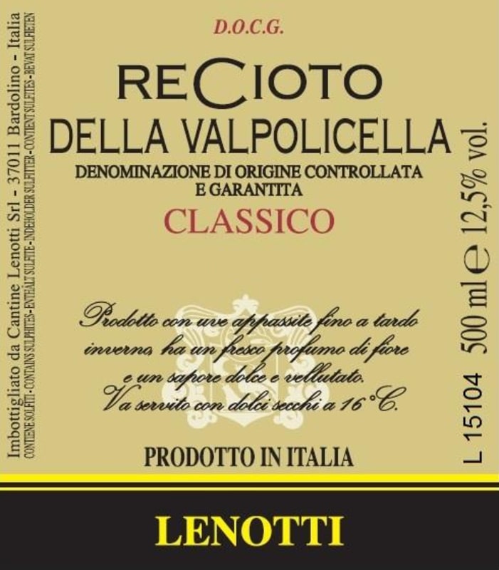 Cantine Lenotti Recioto Della Valpolicella Classico 2016 Front Label