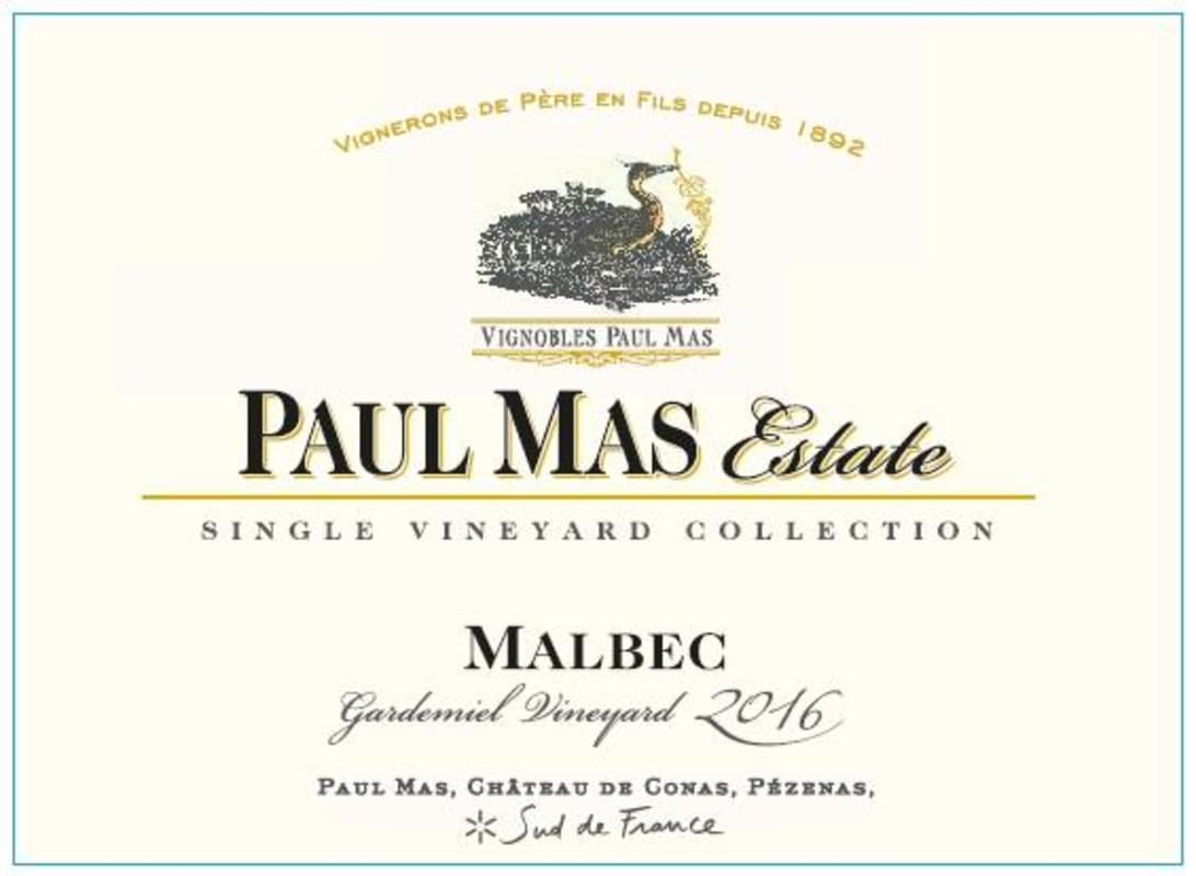 Paul Mas Reserve Garmiel Vineyard Single Vineyard Collection Malbec 2016 Front Label
