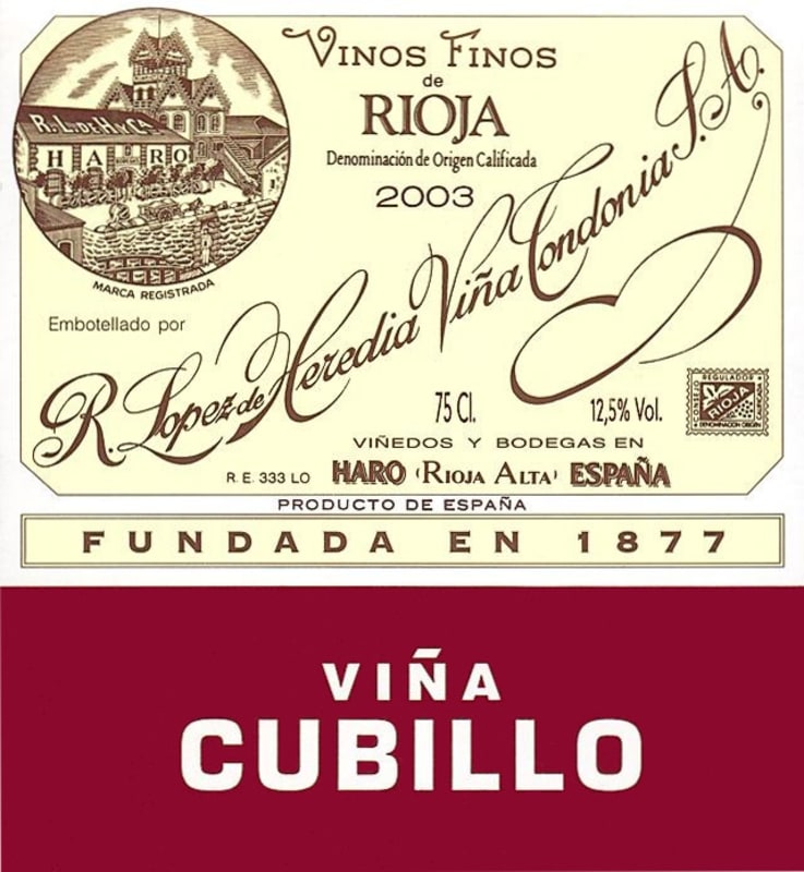 R. Lopez de Heredia Vina Cubillo Crianza 2003 Front Label