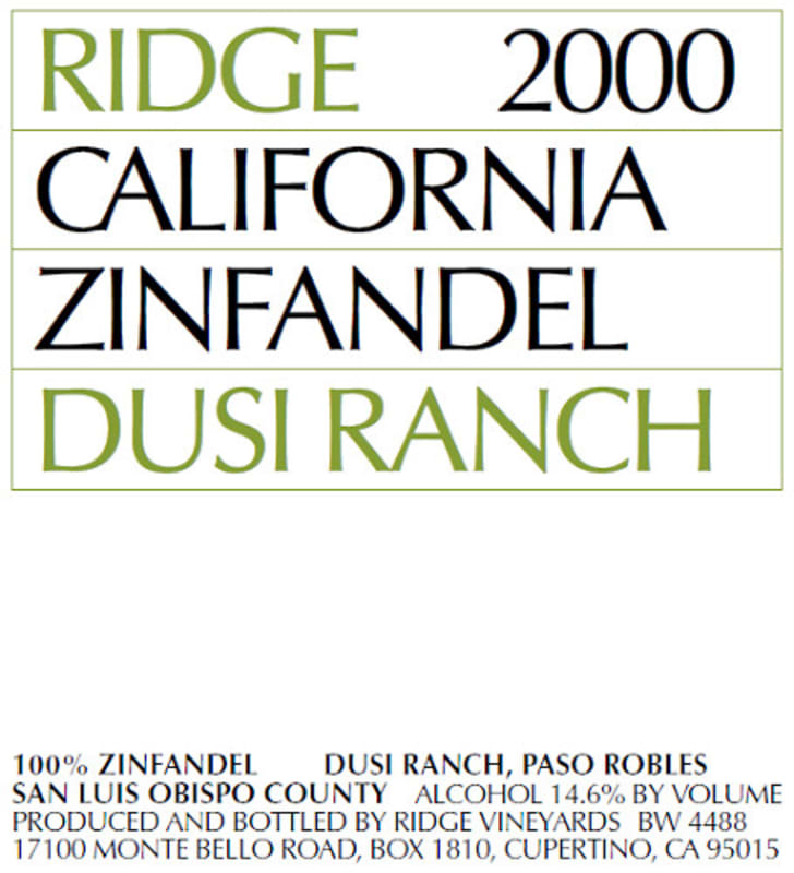 Ridge Dusi Ranch Zinfandel 2000 Front Label