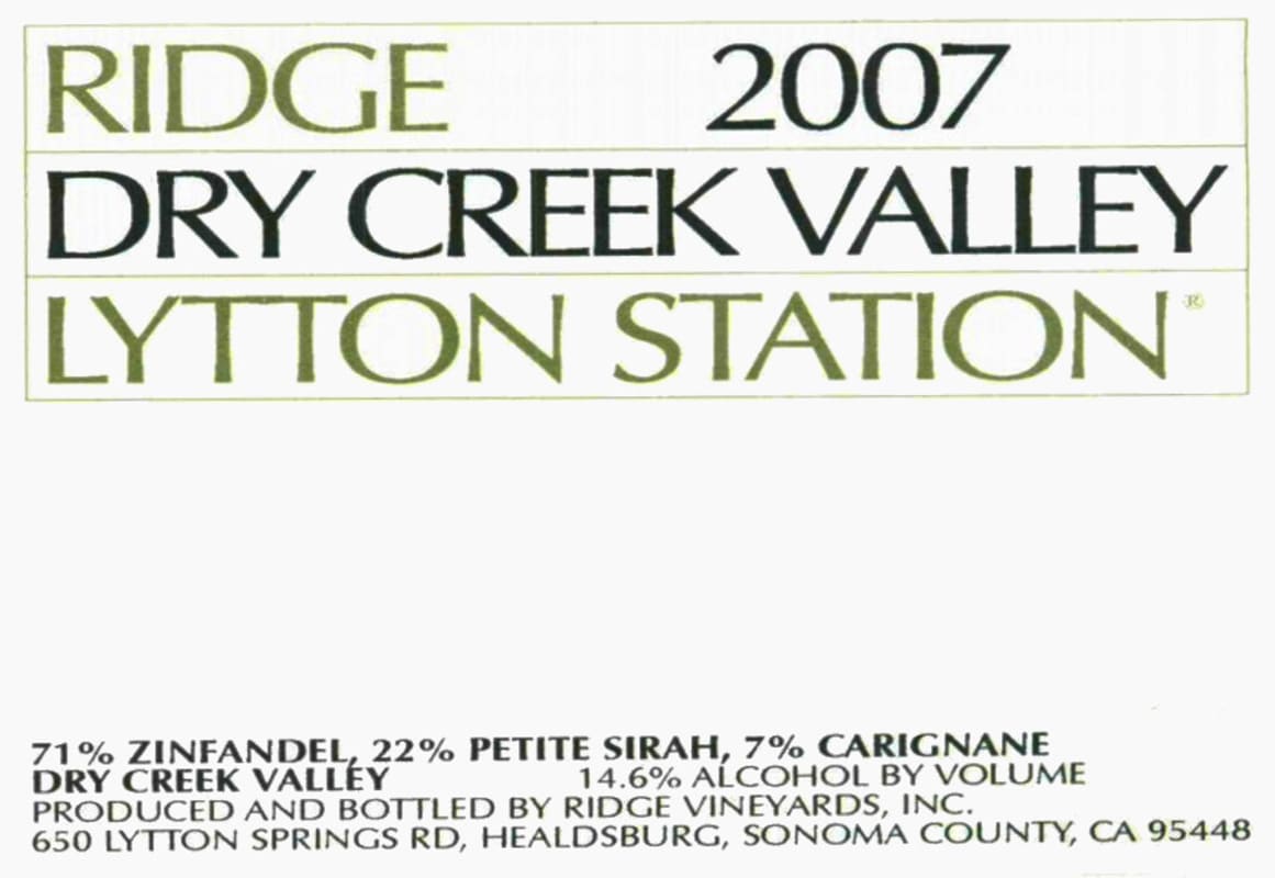Ridge Lytton Estate Zinfandel 2007 Front Label