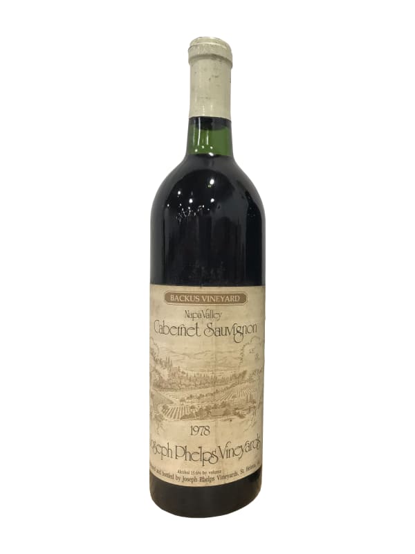 Joseph Phelps Backus Vineyard Cabernet Sauvignon (bin soiled labels) 1978 Front Bottle Shot