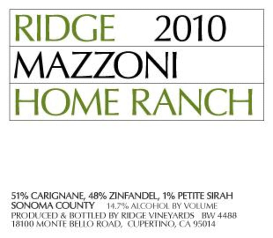 Ridge Mazzoni Home Ranch Zinfandel 2010 Front Label