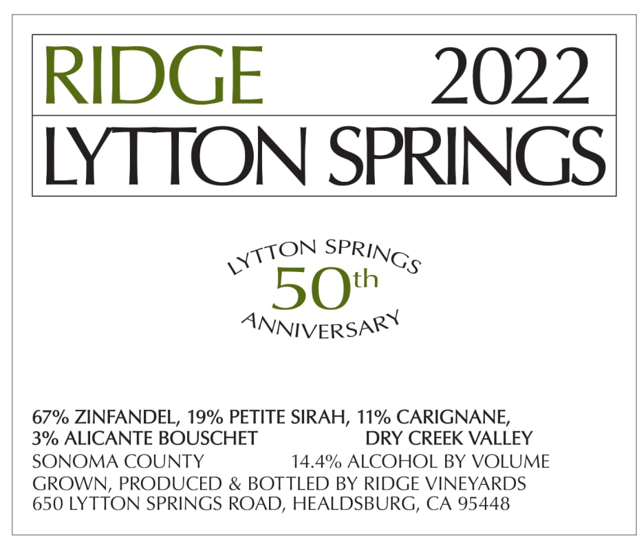 Ridge Lytton Springs Red Blend (375ML half-bottle) 2022 Front Label