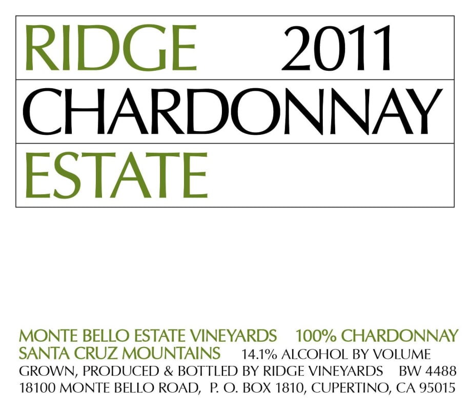 Ridge Santa Cruz Mountains Estate Chardonnay 2011 Front Label