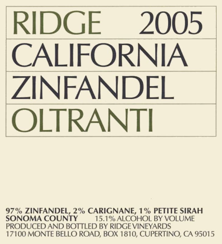 Ridge Oltranti Zinfandel 2005 Front Label