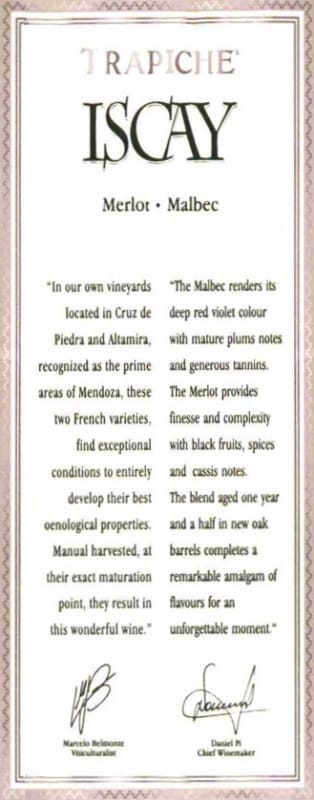 Trapiche Iscay Merlot Malbec 2012 Front Label