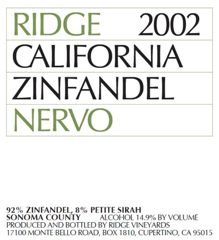 Ridge Nervo Zinfandel 2002 Front Label