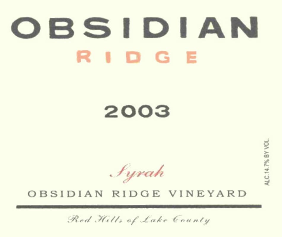 Tricycle Wine Company Obsidian Ridge Syrah 2003 Front Label