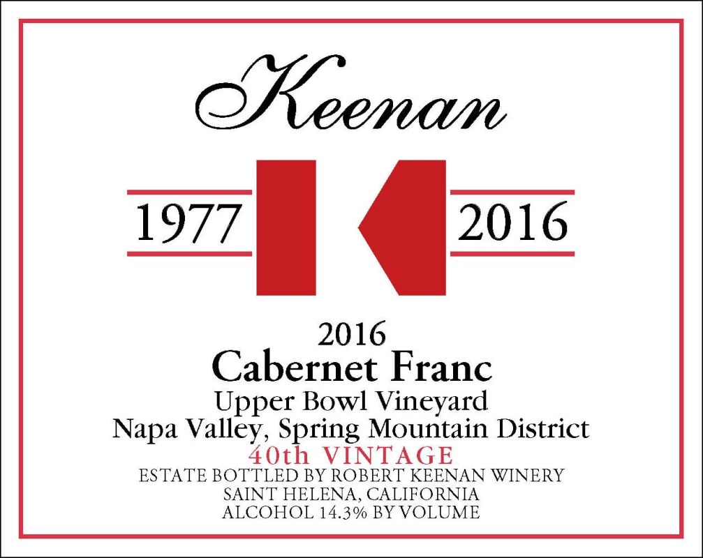 Keenan Upper Bowl Vineyard Cabernet Franc 2016 Front Label