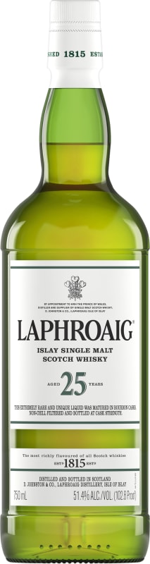 Laphroaig 25 Year Single Malt Scotch Whisky (2019 Release) with Gift Box Front Bottle Shot