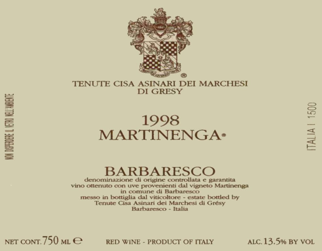 Marchesi di Gresy Barbaresco Martinenga 1998 Front Label