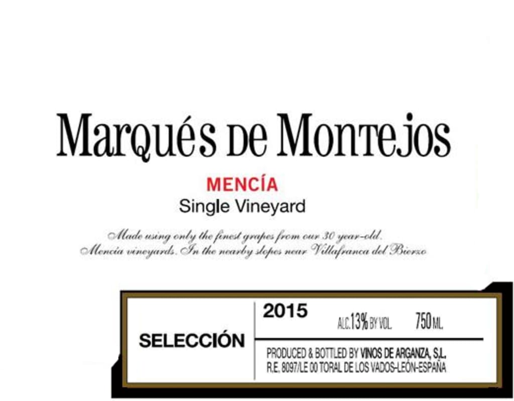 Vinos de Arganza Marques De Montejos Mencia 2015 Front Label