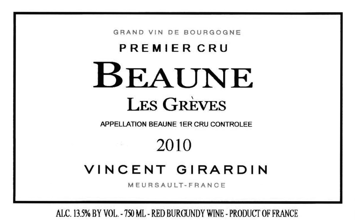 Vincent Girardin Beaune Les Greves Premier Cru 2010 Front Label