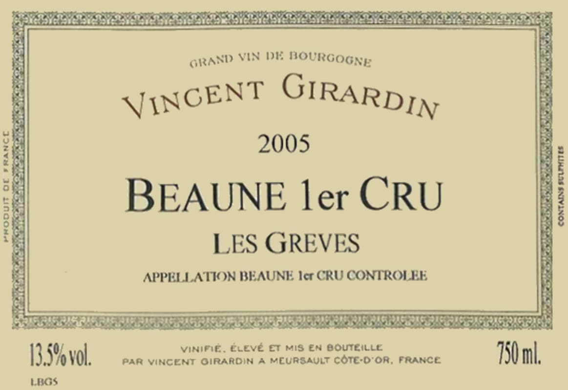 Vincent Girardin Beaune Les Greves Premier Cru 2005 Front Label