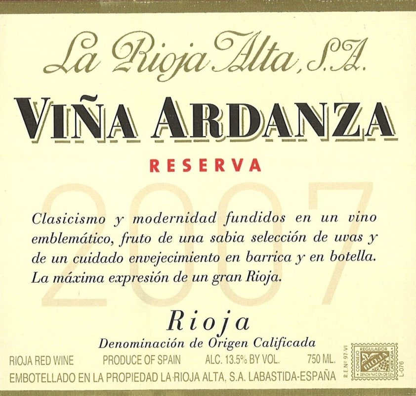 La Rioja Alta Vina Ardanza Reserva 2007 Front Label