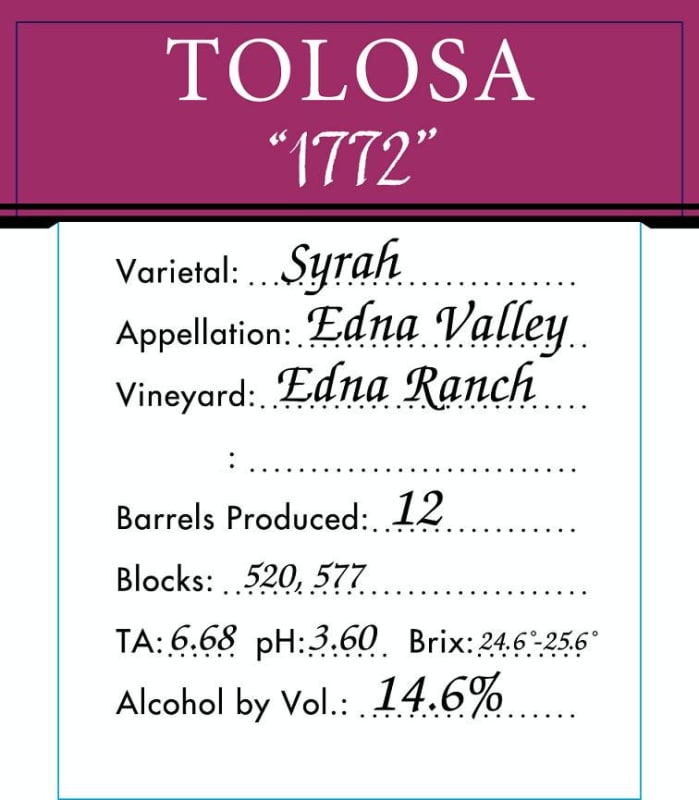 Tolosa Winery Edna Ranch 1772 Syrah 2007 Front Label