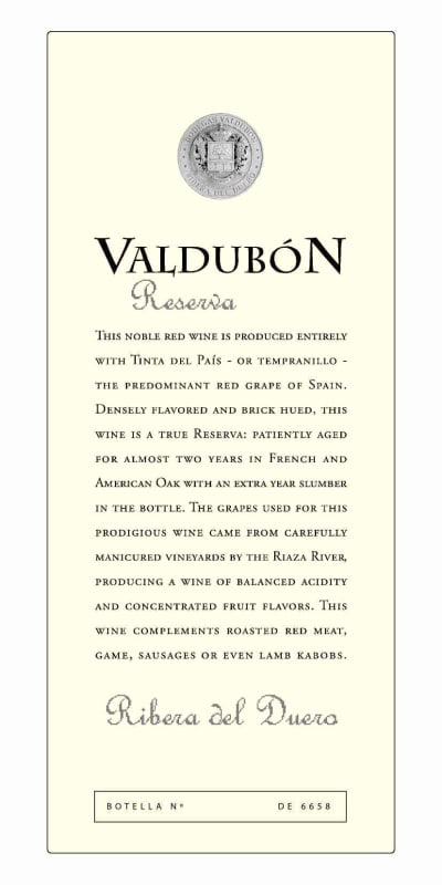 Valdubon Ribera del Duero Reserva 2010 Front Label