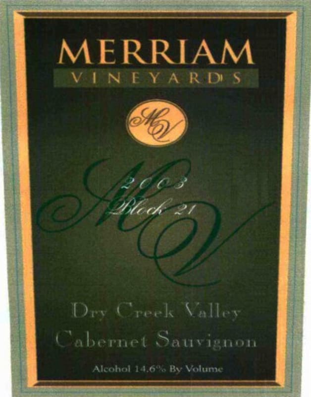 Merriam Vineyards Block 21 Cabernet Sauvignon 2003 Front Label