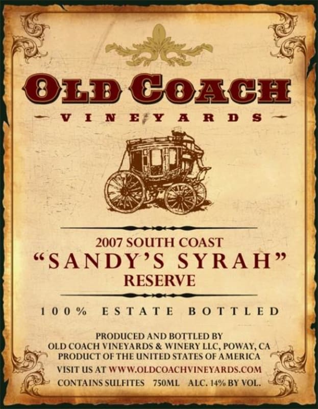 Old Coach Vineyards & Winery Sandy's Syrah 2007 Front Label