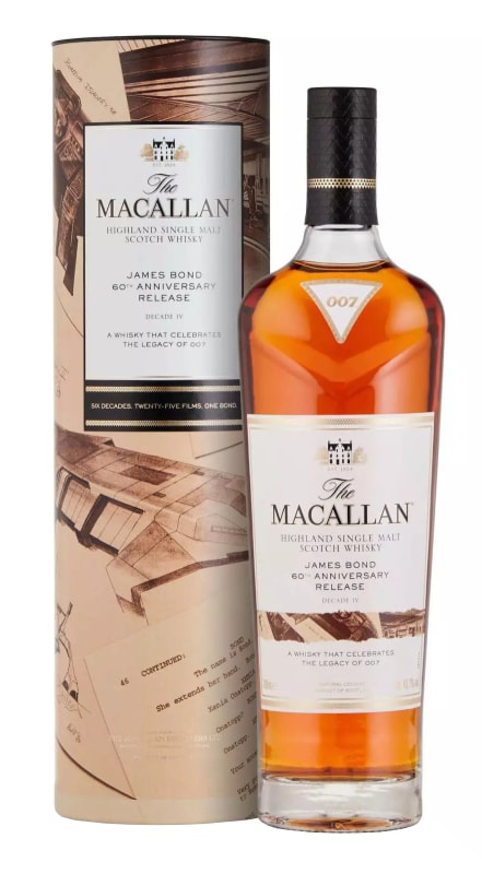 The Macallan James Bond 60th Anniversary Decade 4 Single Malt Scotch Whisky with Gift Box Front Bottle Shot