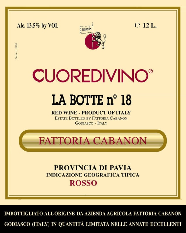 Fattoria Cabanon Cuoredivino La Botte No.18 2015 Front Label