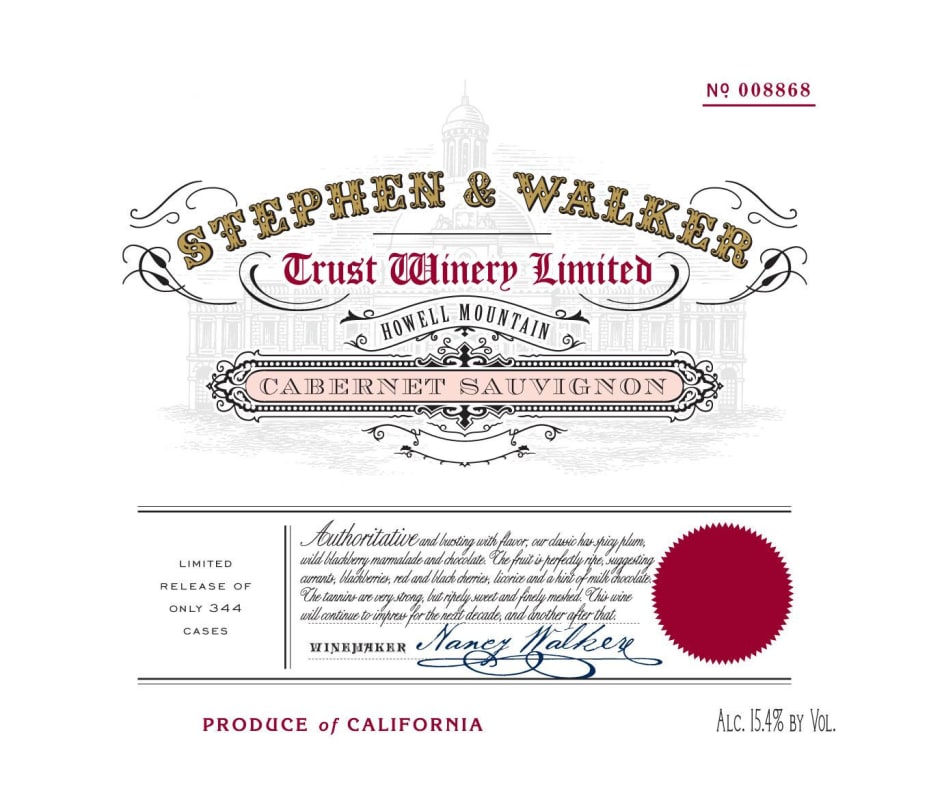 Stephen & Walker Trust Winery Limited Cabernet Sauvignon 2016 Front Label
