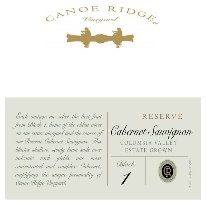 Canoe Ridge Block 1 Reserve Cabernet Sauvignon 2013 Front Label