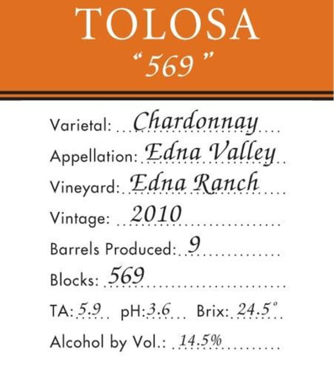 Tolosa Winery 569 Chardonnay 2010 Front Label