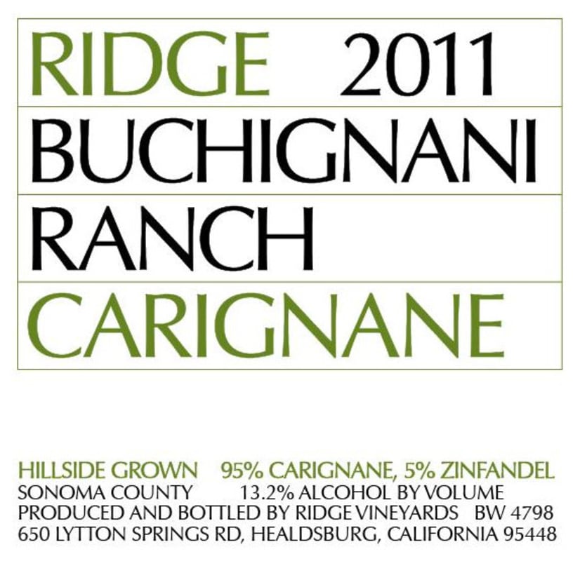 Ridge Buchignani Ranch Carignane 2011 Front Label