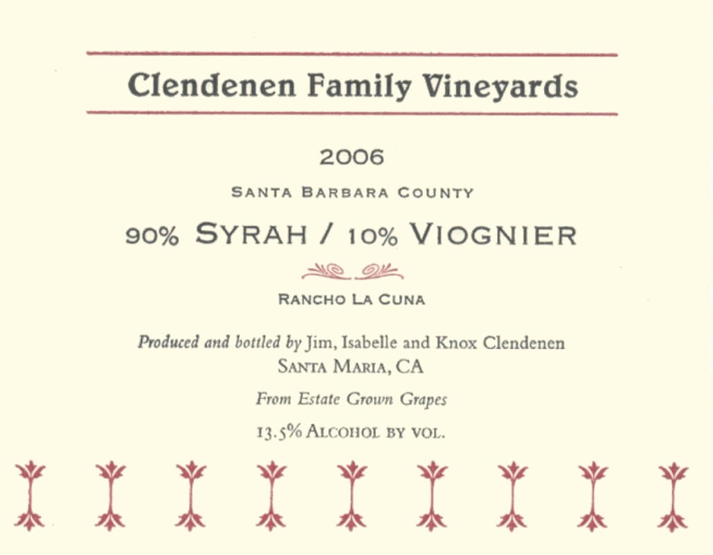 Au Bon Climat Clendenen Family Vineyards Rancho La Cuna Syrah Viognier 2006 Front Label
