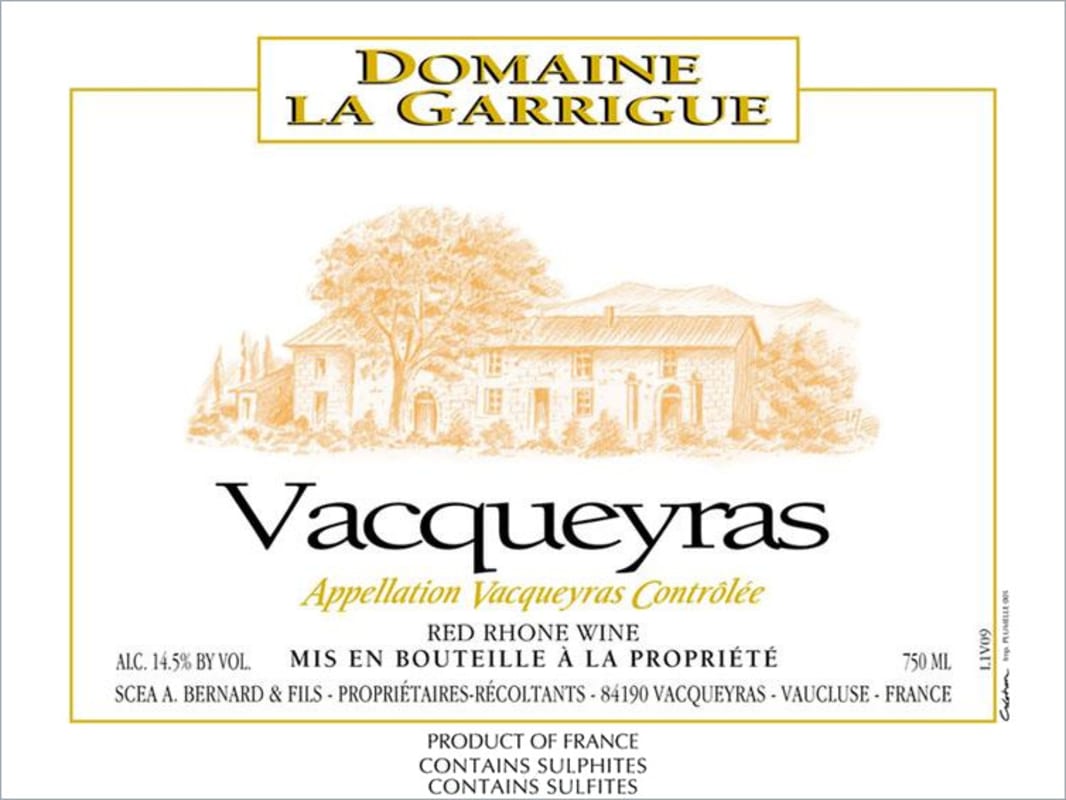 Domaine La Garrigue Vacqueras Rouge 2014 Front Label