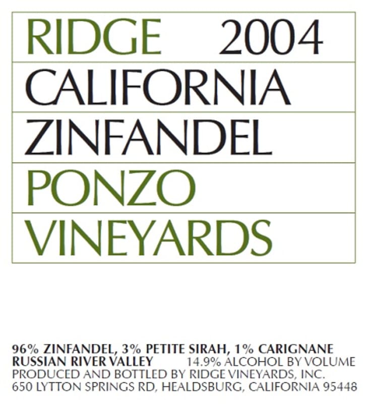 Ridge Ponzo Zinfandel 2004 Front Label