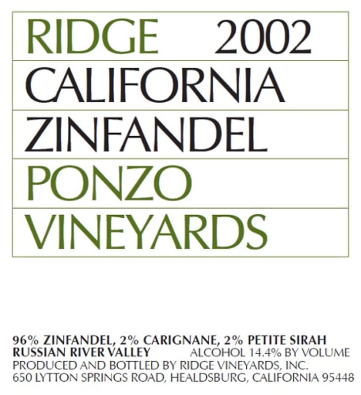 Ridge Ponzo Zinfandel 2002 Front Label