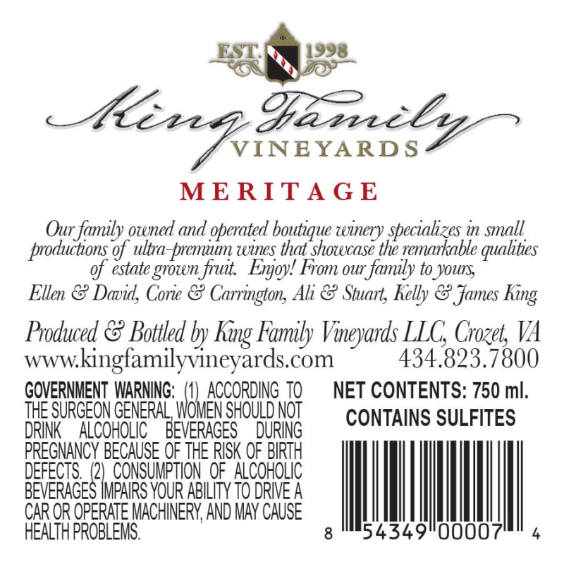 King Family Vineyards Meritage 2012 Front Bottle Shot