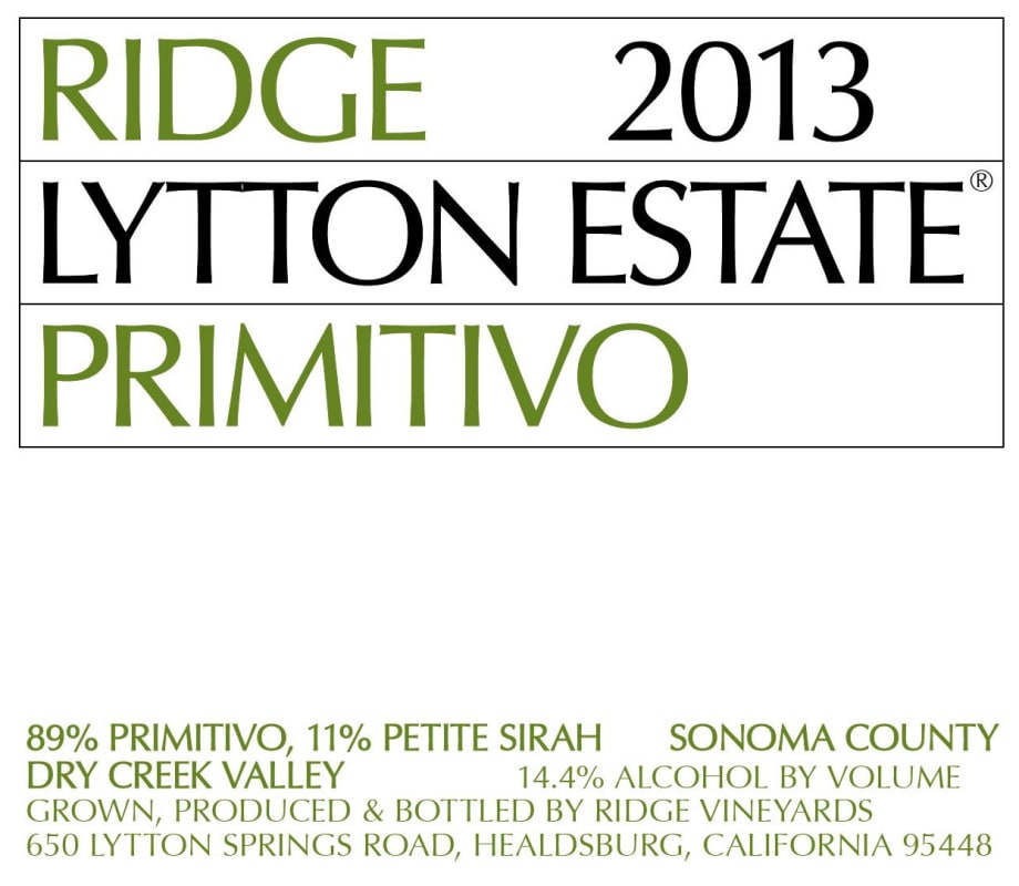 Ridge Lytton Estate Primitivo 2013 Front Label