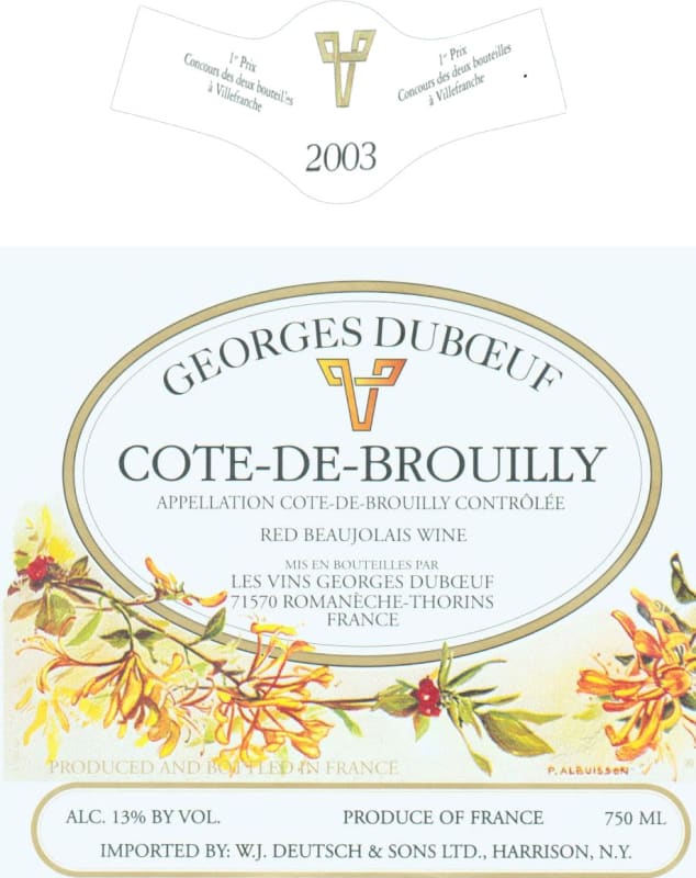 Duboeuf Beaujolais Cote de Brouilly 2003 Front Label