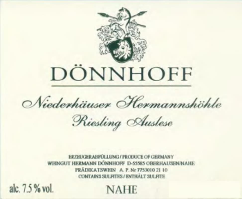 Donnhoff Niederhauser Hermannshohle Riesling Auslese Goldkapsel (375ML half-bottle) 2020 Front Label