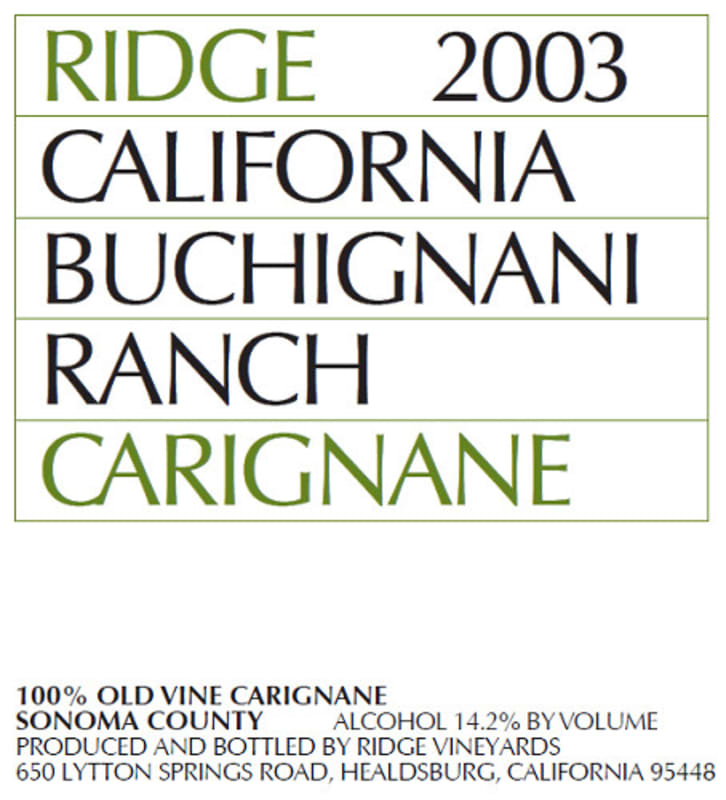 Ridge Buchignani Ranch Carignane 2003 Front Label
