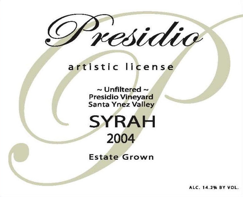 Presidio Vineyard & Winery Estate Artistic License Syrah 2004 Front Label
