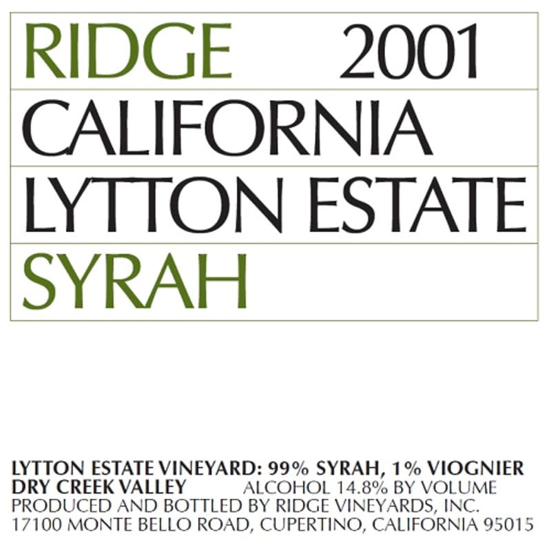Ridge Lytton Estate Syrah 2001 Front Label