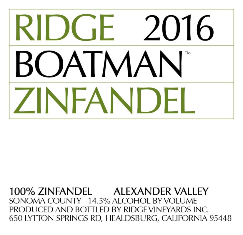 Ridge Boatman Zinfandel 2016 Front Label