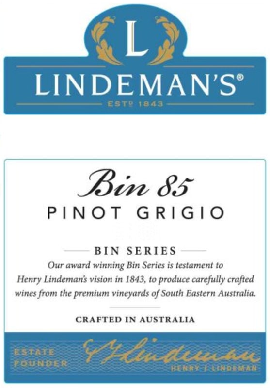 Lindeman’s Bin Series Bin 85 Pinot Grigio 2017 Front Label