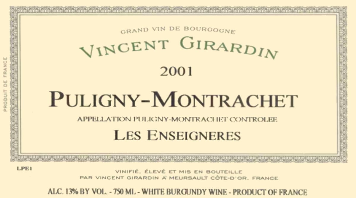 Vincent Girardin Puligny-Montrachet Les Enseigneres Blanc 2001 Front Label