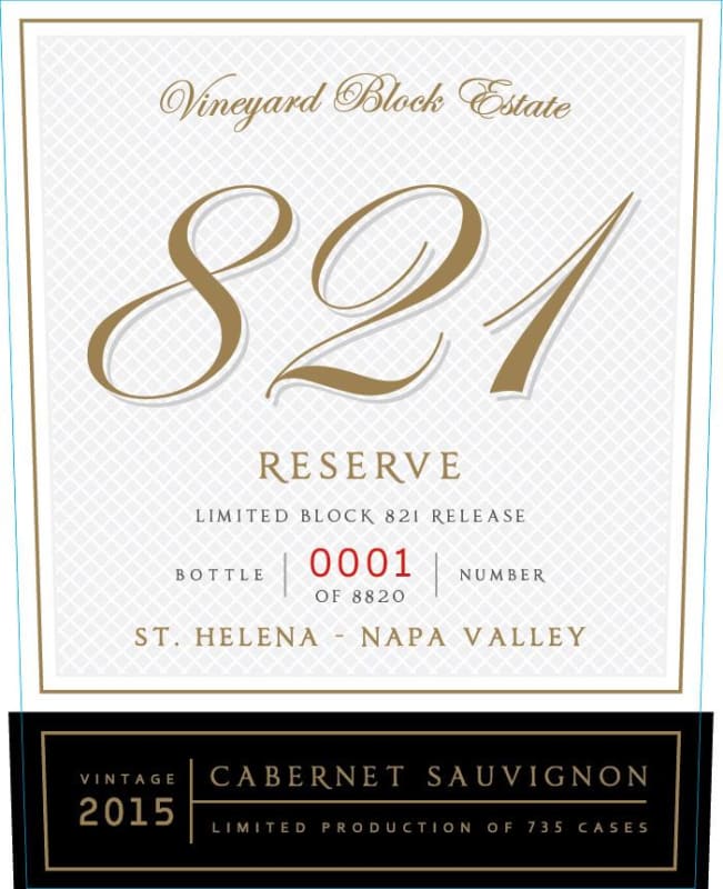 Vineyard Block Estate Block 821 Reserve Cabernet Sauvignon 2015 Front Label